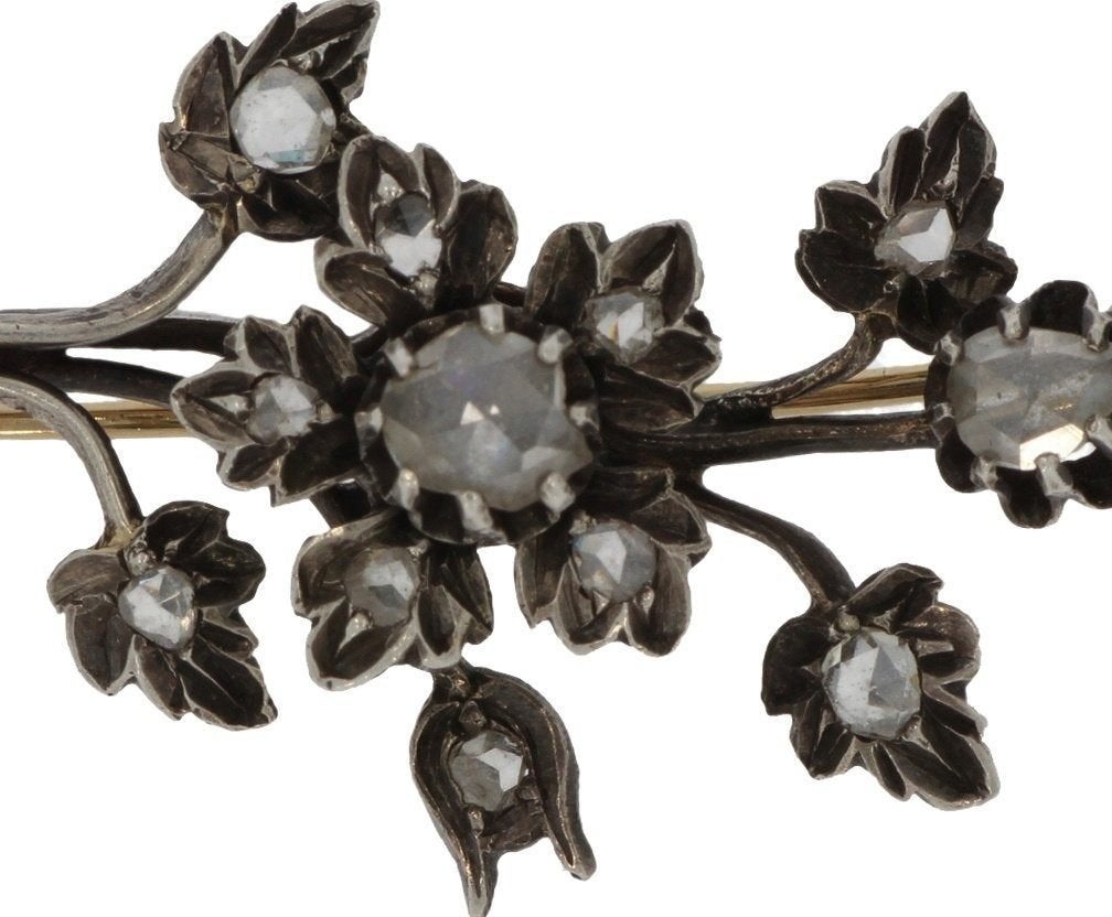 12 diamanten 14k gouden fraaie broche antiek bloem tak uniek, Ophalen of Verzenden, Broche, Met edelsteen