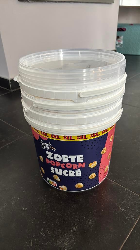 4 Lege popcorn-emmers, Huis en Inrichting, Emmers, Zo goed als nieuw, Met deksel, Ophalen
