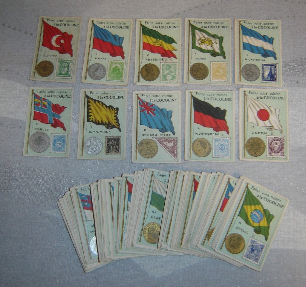 Chromos Vlaggen Munten postzegels à La COCOLINE Termonde, Gebruikt, Verzenden, Voor 1940, Prent