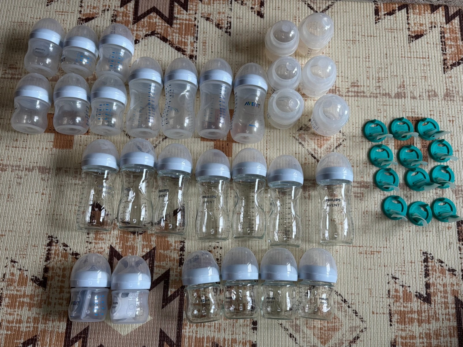 Grote set Philips Avent flessen glazen en plastiek, Ophalen, Lepel, Philips Avent