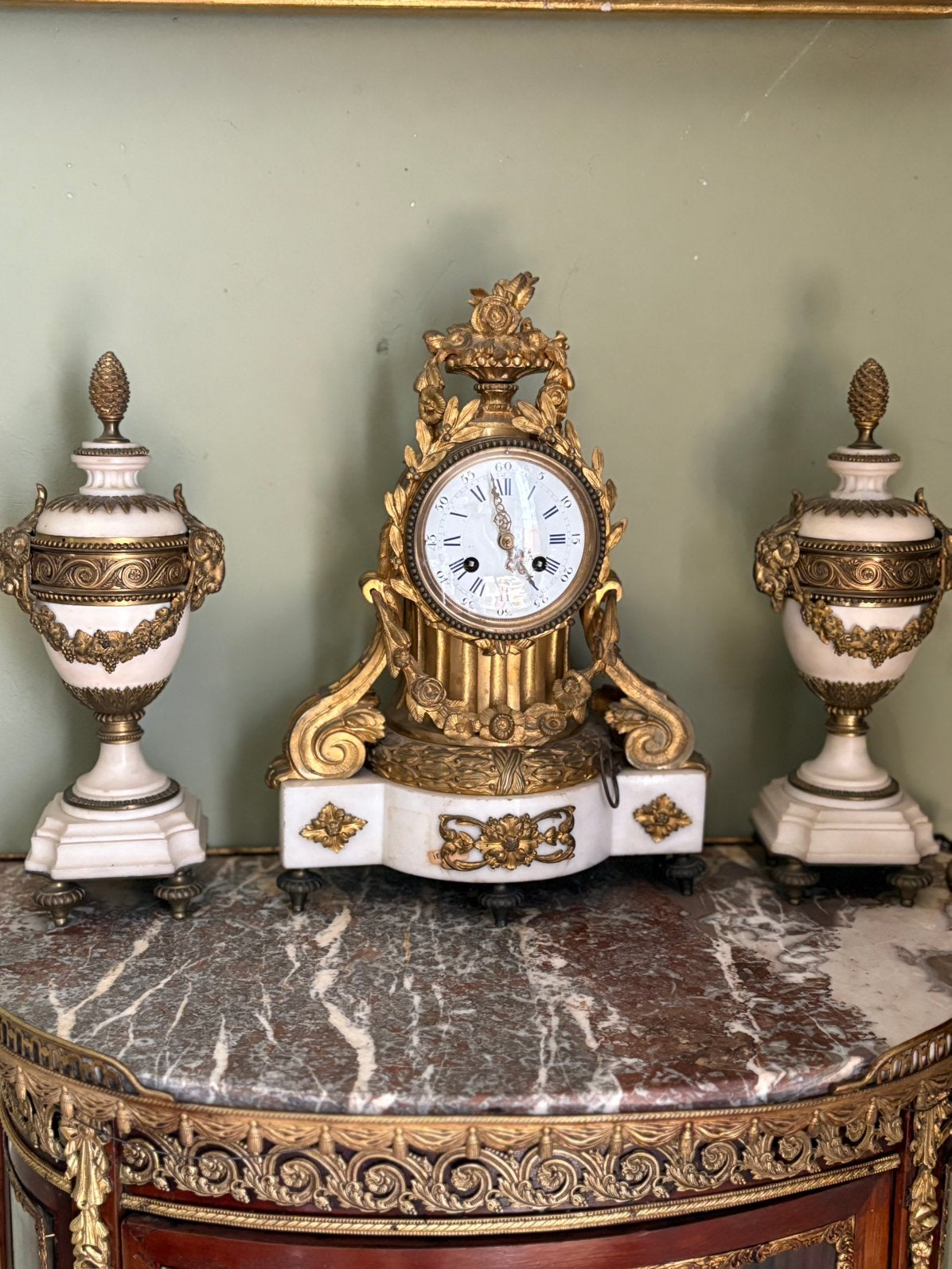 19de eeuws bronzen klokkenstel met cassoletten, Antiek en Kunst, Antiek | Klokken, Ophalen