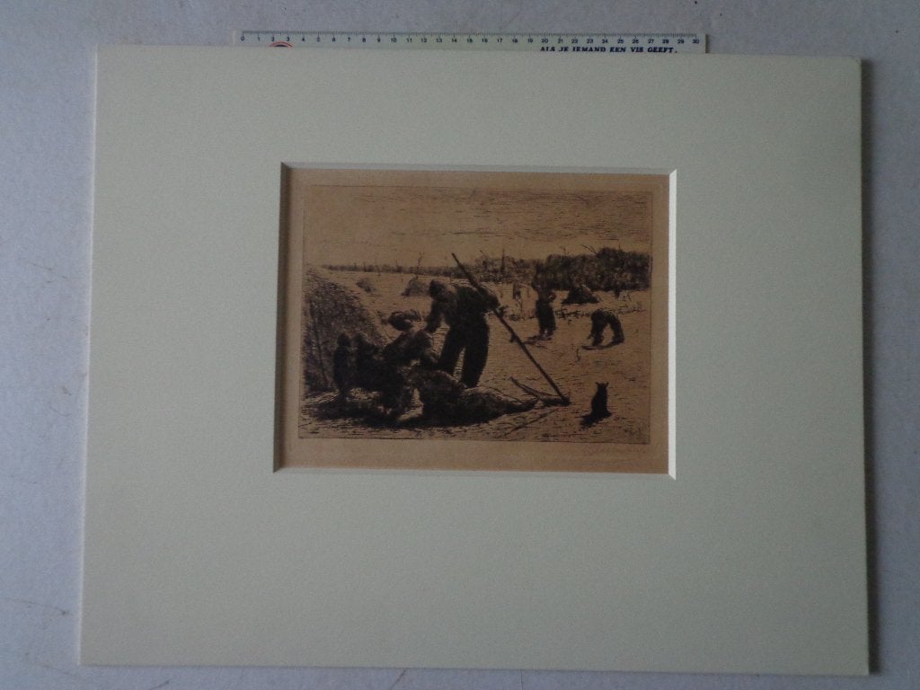 gesigneerde ets van Eugène Laermans "La fenaison" Hooien, Antiek en Kunst, Kunst | Etsen en Gravures, Ets, Gesigneerd, Met passe-partout