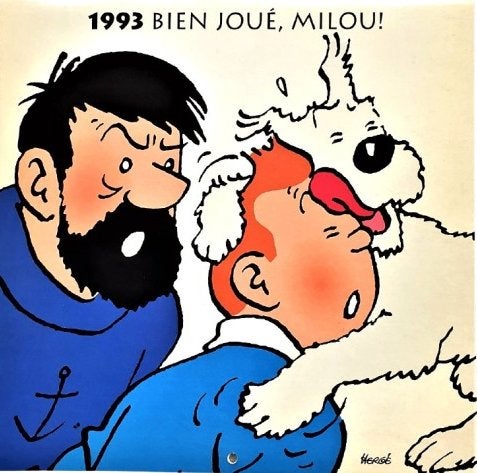 Tintin / Milou  🐾 “Bien joué, Milou !” ~ Calendrier 1993, Collections, Enlèvement ou Envoi, Tintin, Comme neuf, Image, Affiche ou Autocollant