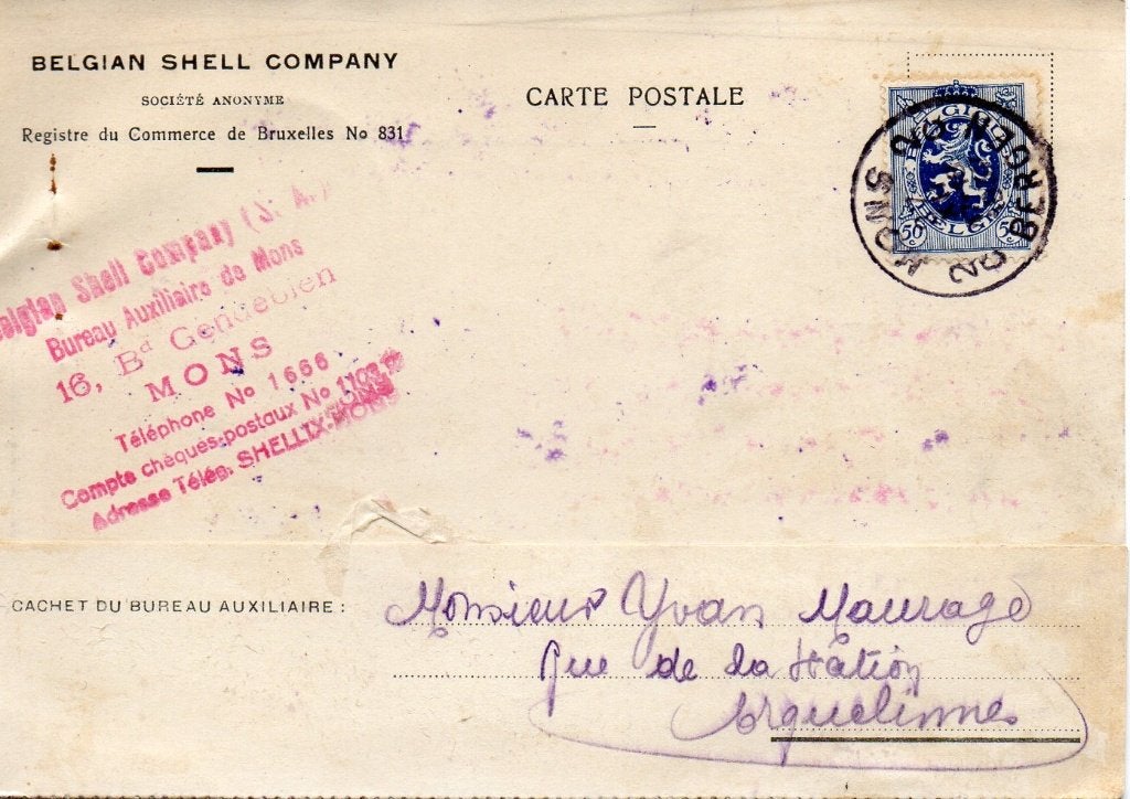 carte postale Belgian Shell Cy Bruxelles bureau de Mons 1932, Collections, Enlèvement ou Envoi
