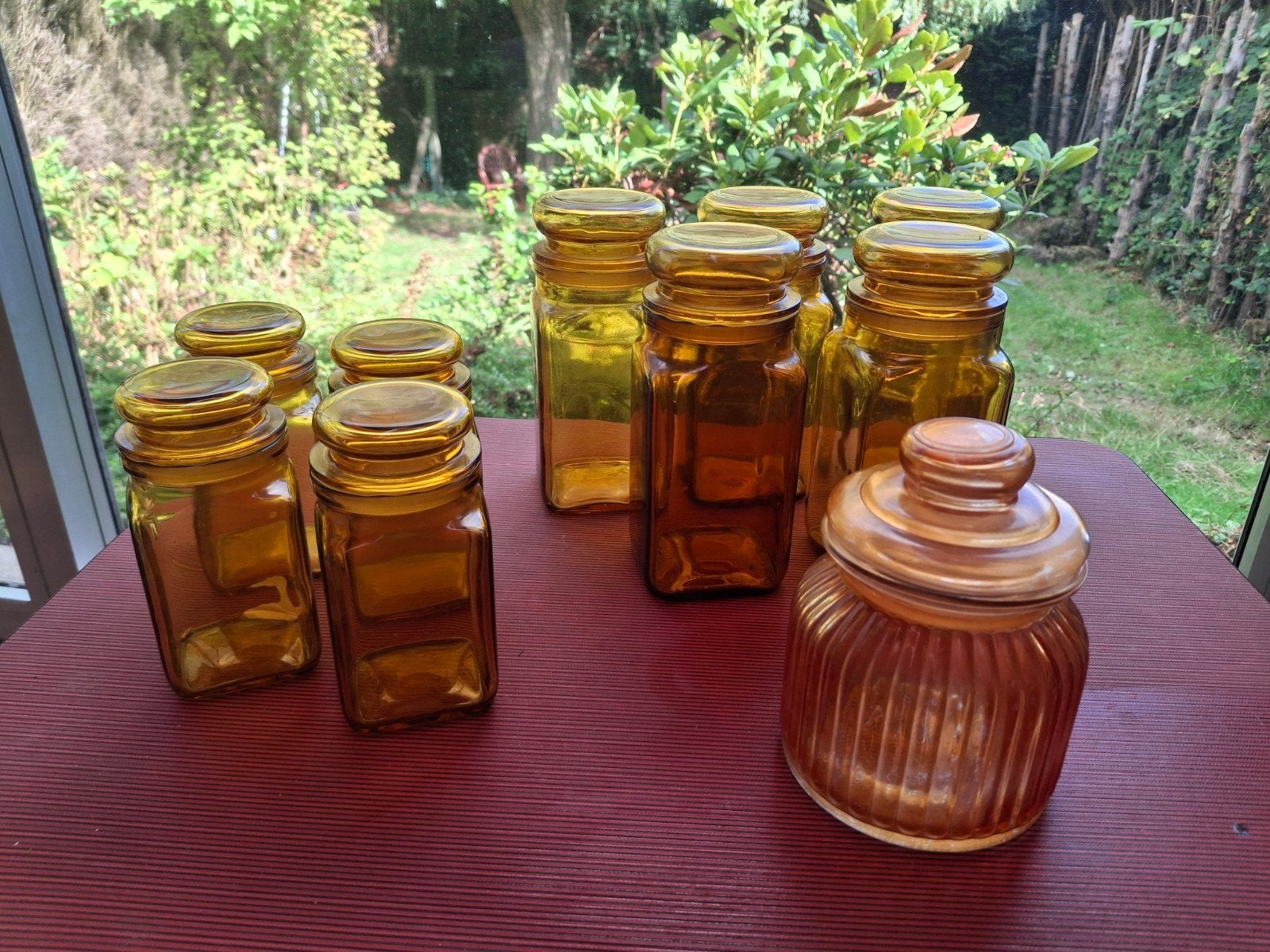 Set vintage apothekerspotten oker, Maison & Meubles, Verre, Autres marques, Pot de stockage, Jaune