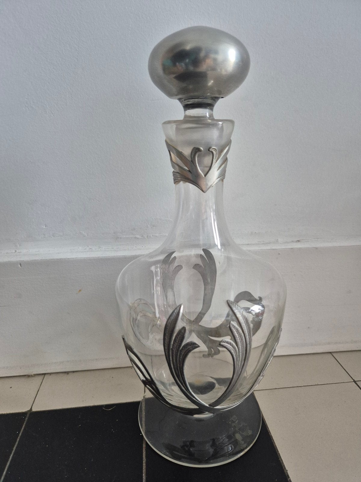 Vintage Potstainiers Hutois karaf met tinnen montuur, Antiek en Kunst, Ophalen of Verzenden