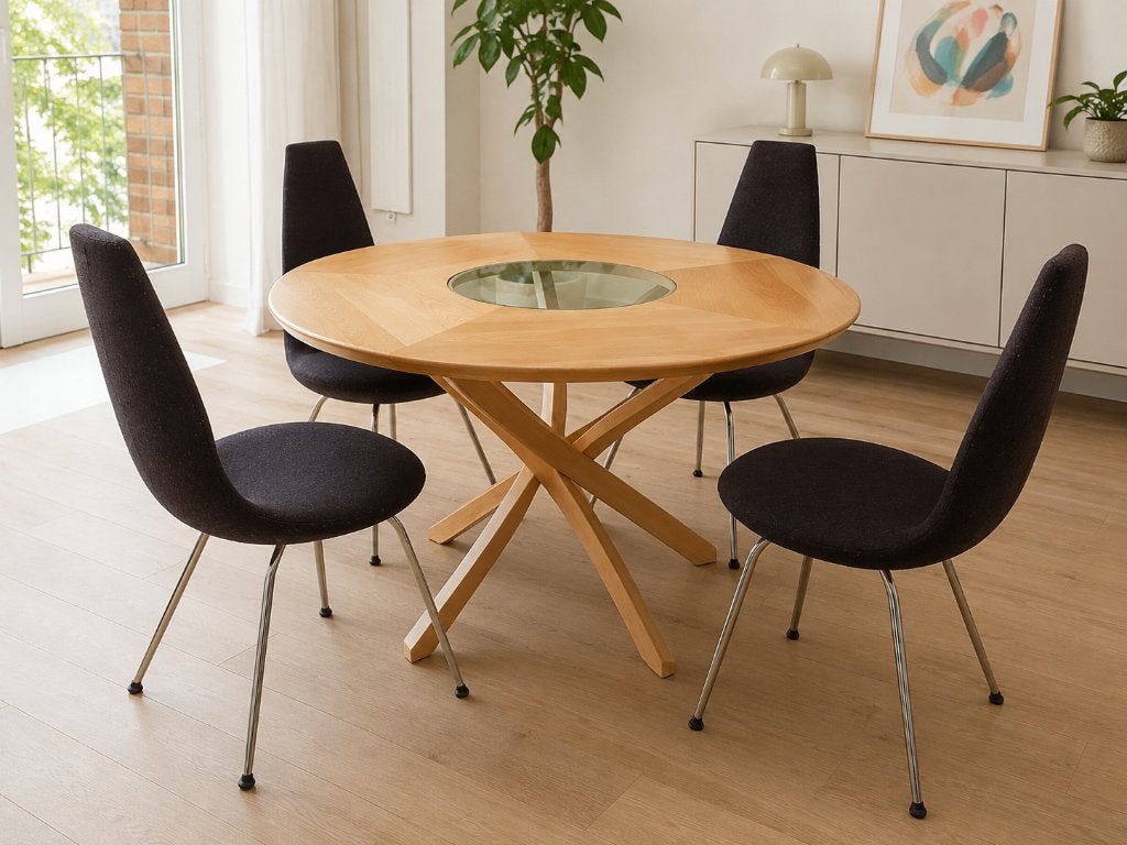Ronde designtafel in massief hout, met 5 stoelen, 134 cm, Rond, Ophalen of Verzenden, Zo goed als nieuw, Vijf personen of meer