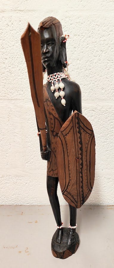 Statue en bois de guerrier Massaï, 40 cm, Afrique, Brun, Bois