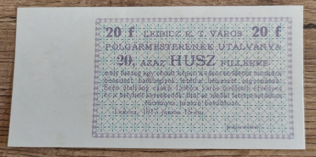 Zeldzaam Noodgeld Hongarije WWI 1917 Leibicz 20 Fillér, Postzegels en Munten, Ophalen of Verzenden, Hongarije, Los biljet
