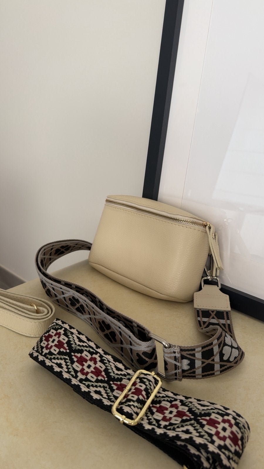 Handtas + 2 extra schouderbanden, Beige, Zo goed als nieuw, Leer, Ophalen