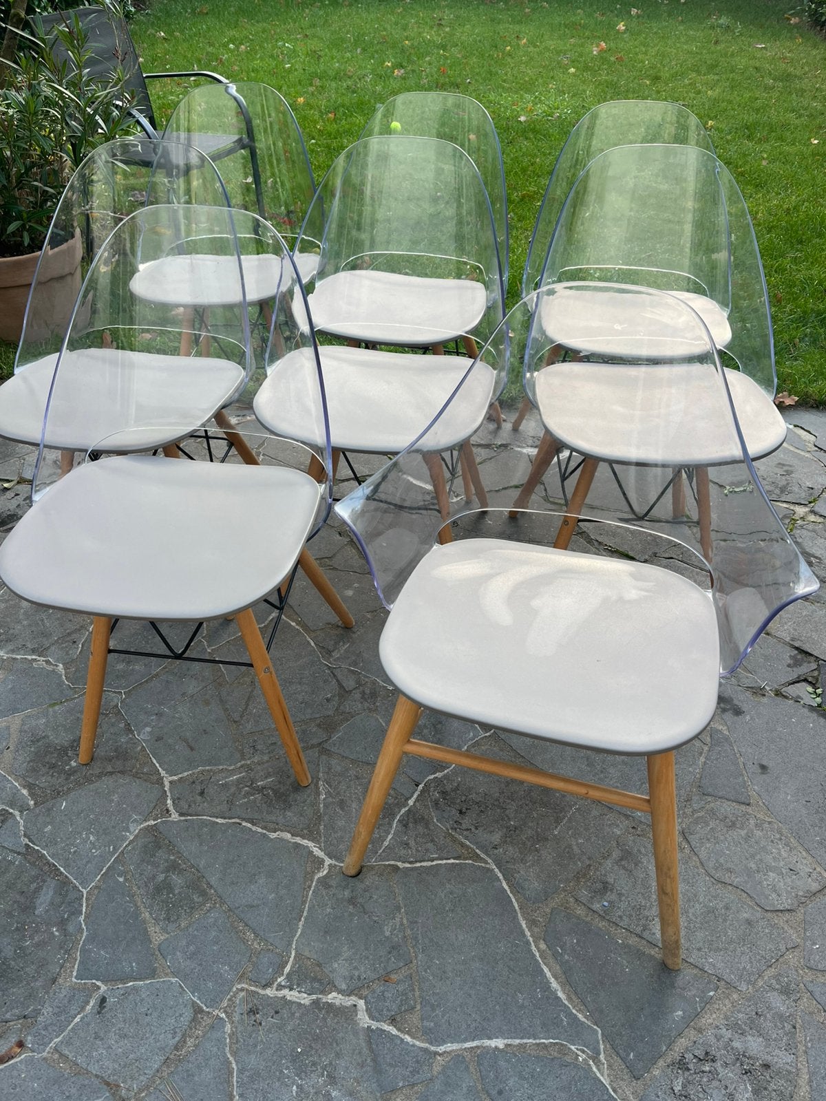 8 chaises en bois avec assise transparente, Enlèvement, Comme neuf, Bois