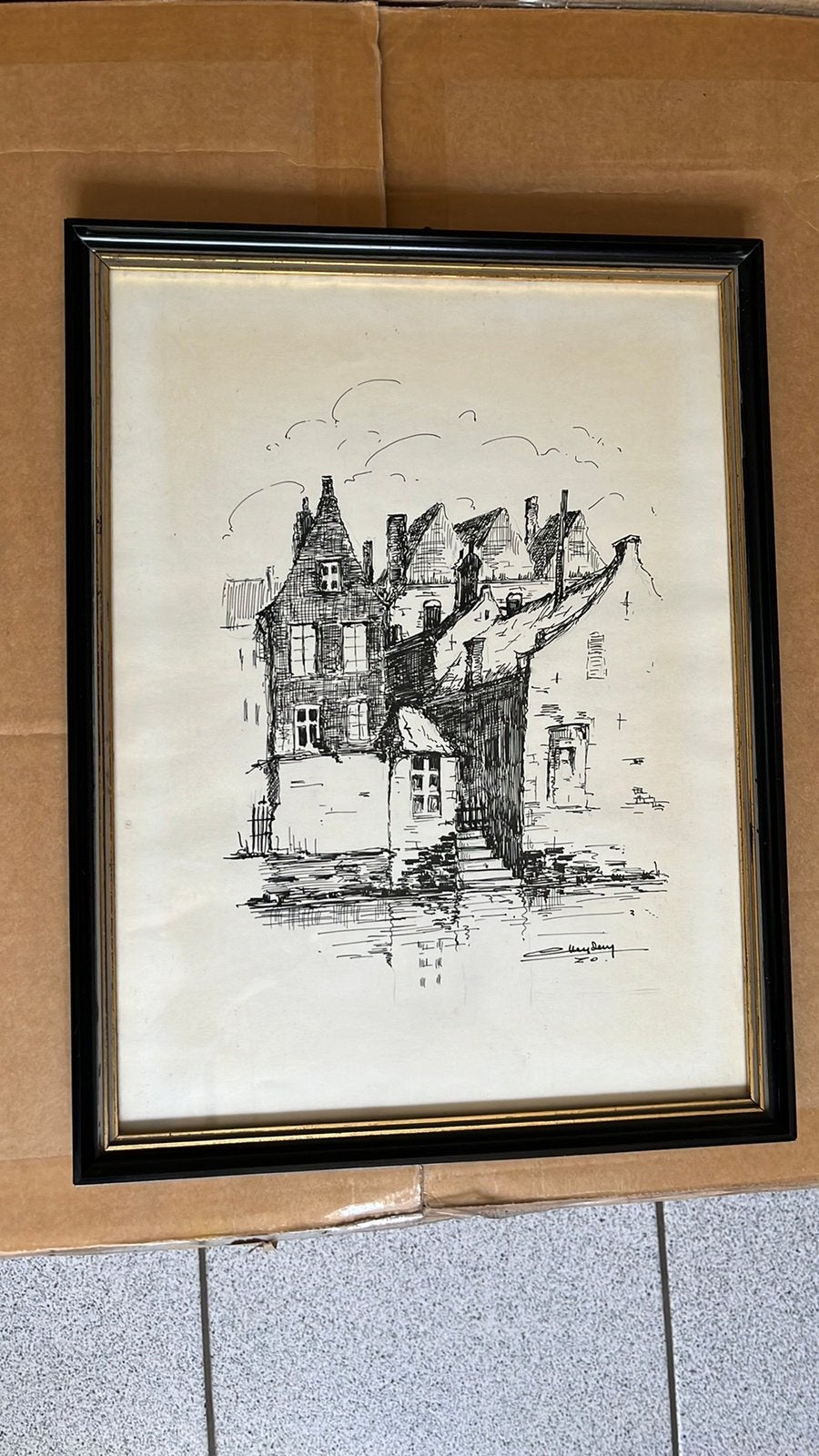 Pentekening in kader, 28 cm x 38 cm., Antiek en Kunst, Ophalen of Verzenden, Pentekening