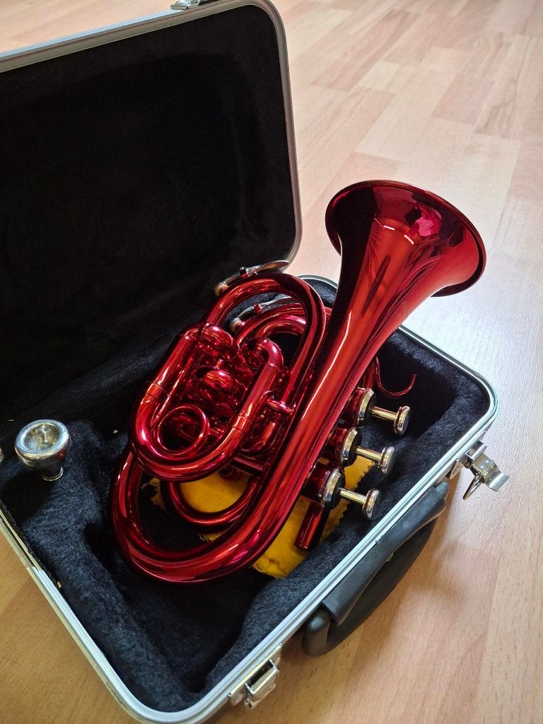 mini trompet,  opvallende rode mini trompet, Ophalen, Zo goed als nieuw, Met koffer