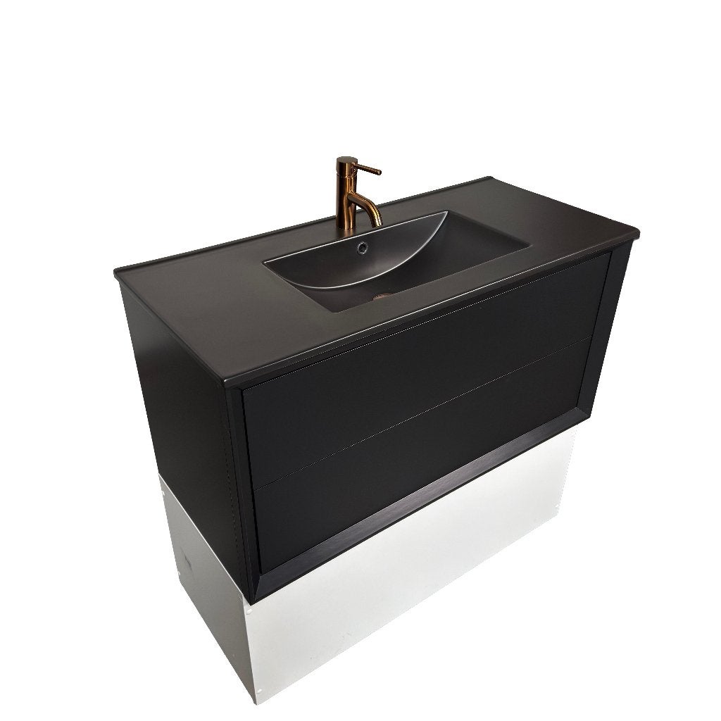 Wastafel zwart met koperen kraan, Neuf, 25 à 50 cm, Moins de 100 cm, Meuble lavabo