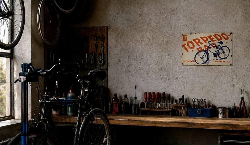 Stoer emaille reclamebord voor Torpedo fietsen Frankfurt., Verzamelen, Ophalen of Verzenden, Gebruikt, Reclamebord