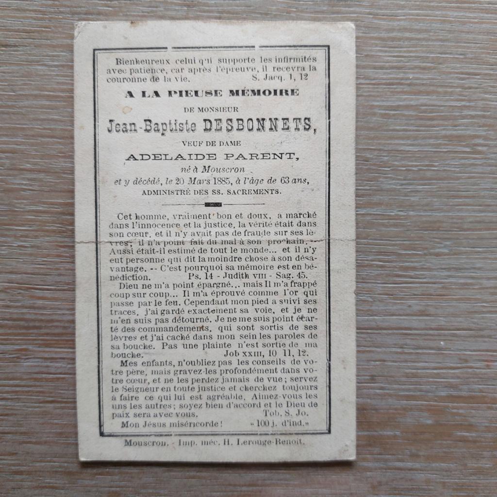 Oud bidprentje Mouscron 1822-1885, Verzamelen, Ophalen of Verzenden, Bidprentje