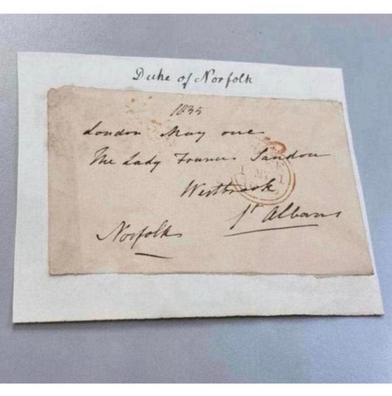 Hertog van Norfolk Gesigneerde brief uit 1835 antiek london, Ophalen of Verzenden, Brief