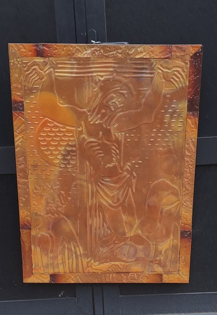 Pracht religieus kunstwerk,een zgn repoussé koperen paneel., Enlèvement ou Envoi