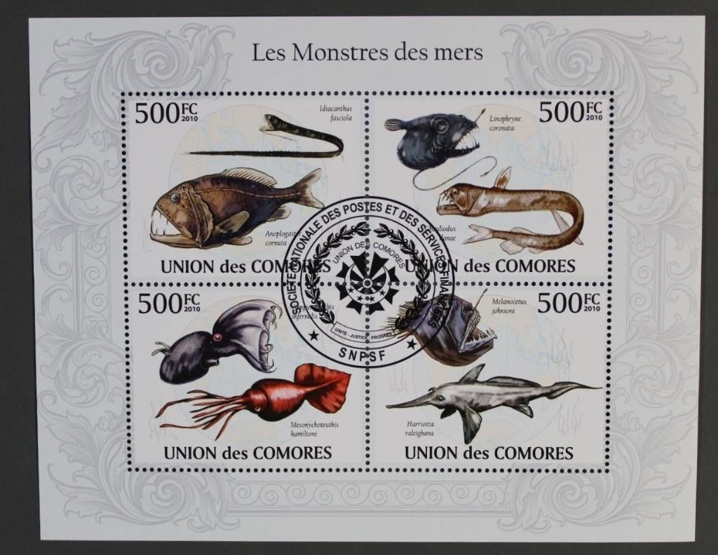 Timbres animaux poissons série 2 feuillets Comores, Envoi, Affranchi