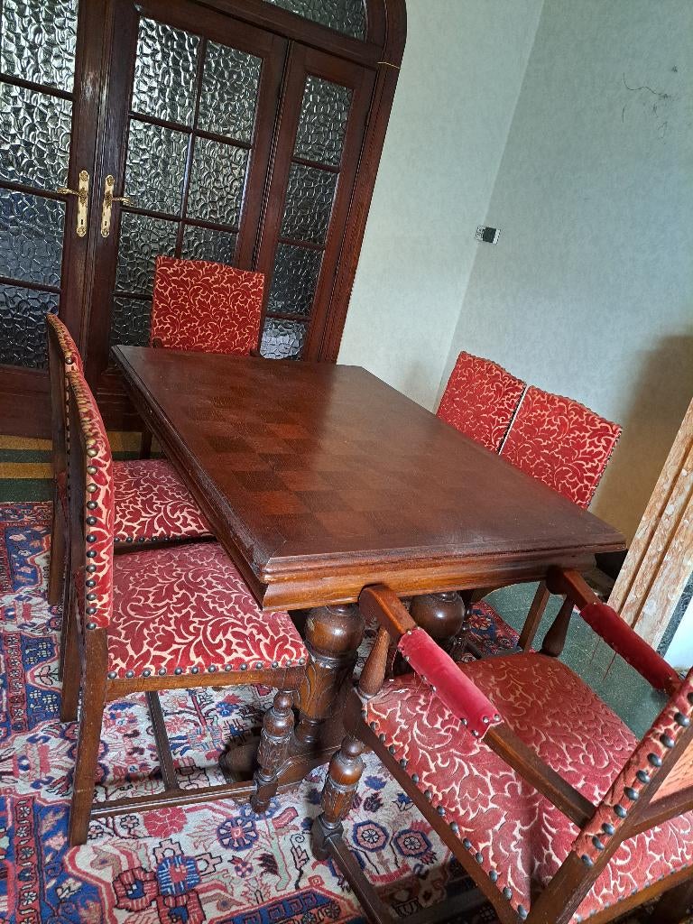 vintage Tafel met een schaakbordpatroon en 6 stoelen, Ophalen