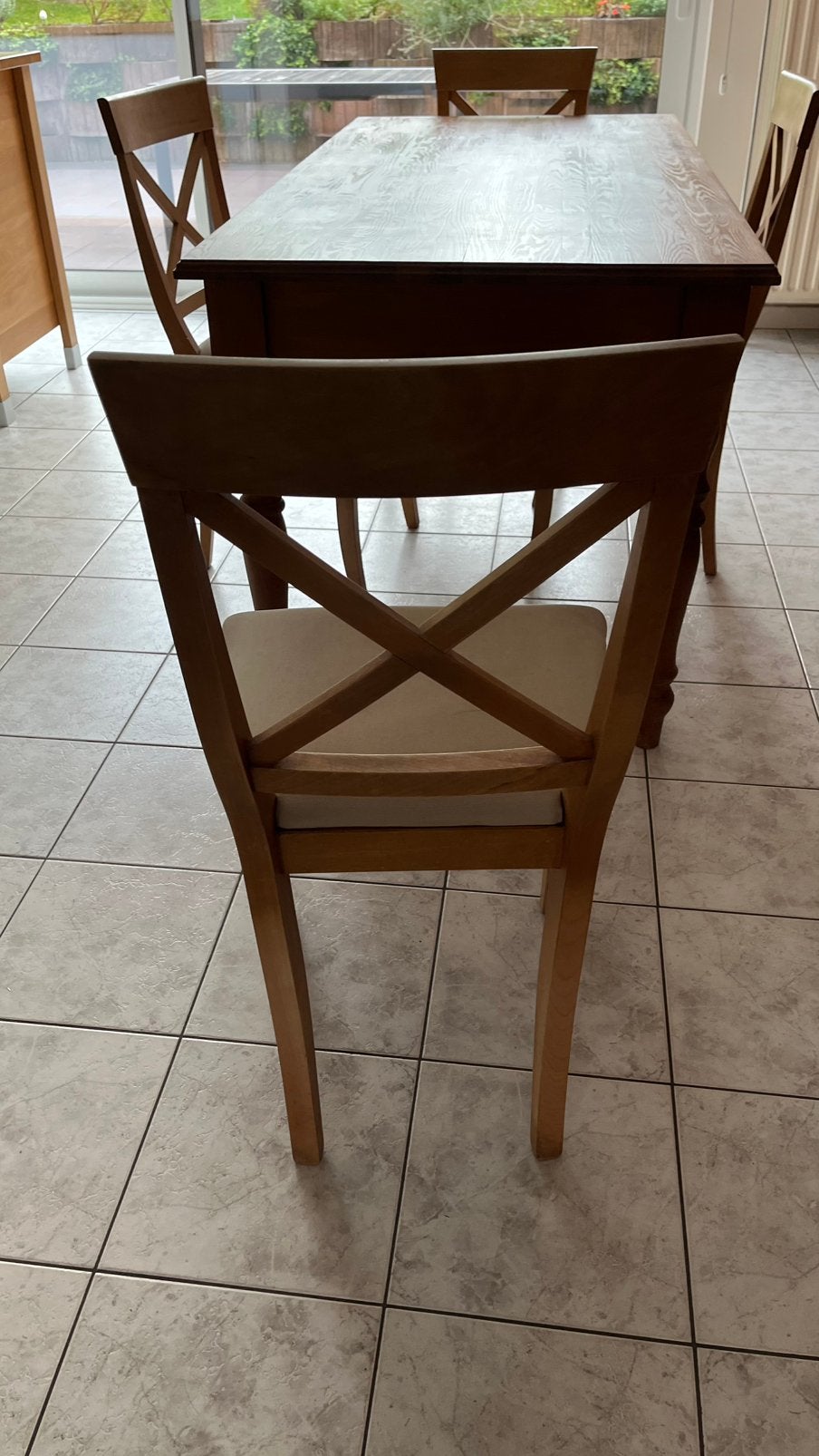 Chaises en pin avec assise en tissu, Maison & Meubles, Enlèvement, Utilisé, Bois, Cinq, Six Chaises ou plus