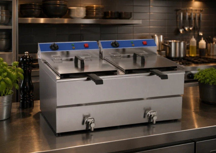 Friteuse met Aftapkraan 2x8L 230V NIEUW, Elektronische apparatuur, Frituurpannen, Nieuw, 4 liter of meer, Duo-friteuse, Ophalen of Verzenden