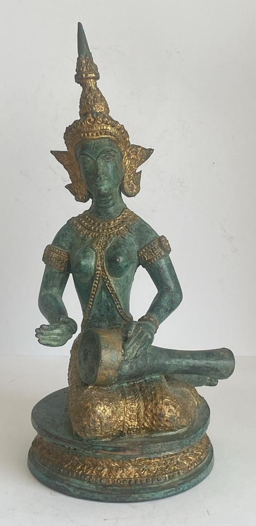 Statuette bronze doré et patine verte déité/apsara thailande, Antiquités & Art, Enlèvement ou Envoi