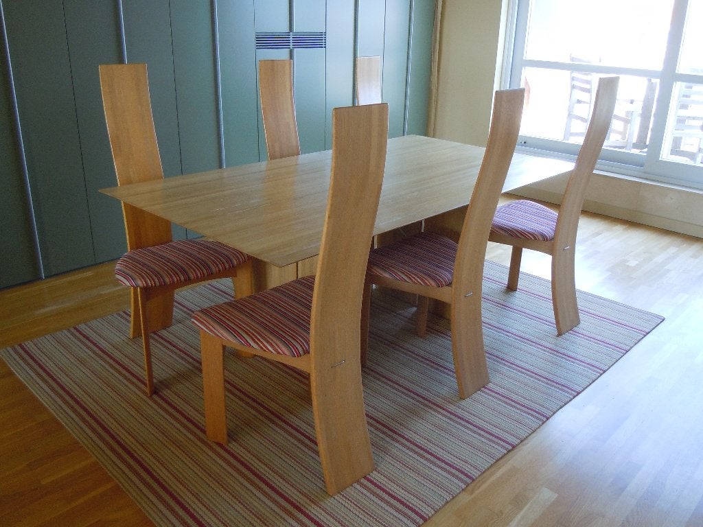 PRACHTIGE TAFEL + 6 STOELEN IRIS VANDENBERGHE, Ophalen, Gebruikt, Eikenhout, 50 tot 100 cm