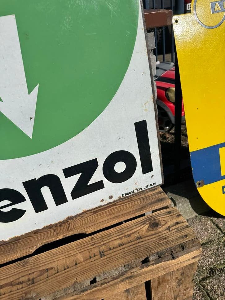 Vintage Emaille Bord "Ici Benzol" - Garage Reclame