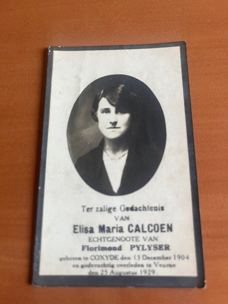 Rouwkaart E. Calcoen  Coxyde 1904  1929, Envoi, Carte de condoléances