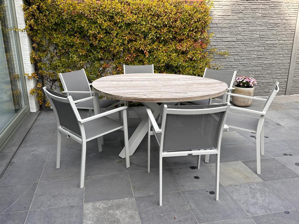 Exterioo tuinset tafel Ø 150 cm + 6 stoelen, Tuin en Terras, Ophalen, Gebruikt, 6 zitplaatsen, Aluminium