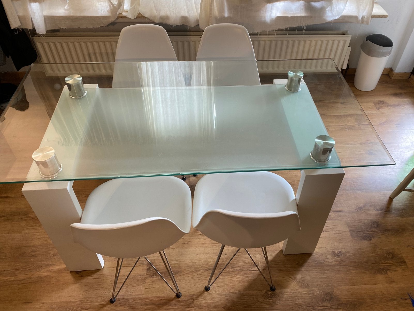 Glazen eettafel met 4 stoelen te koop, Ophalen, Gebruikt, Italy, 4 tot 6 stoelen