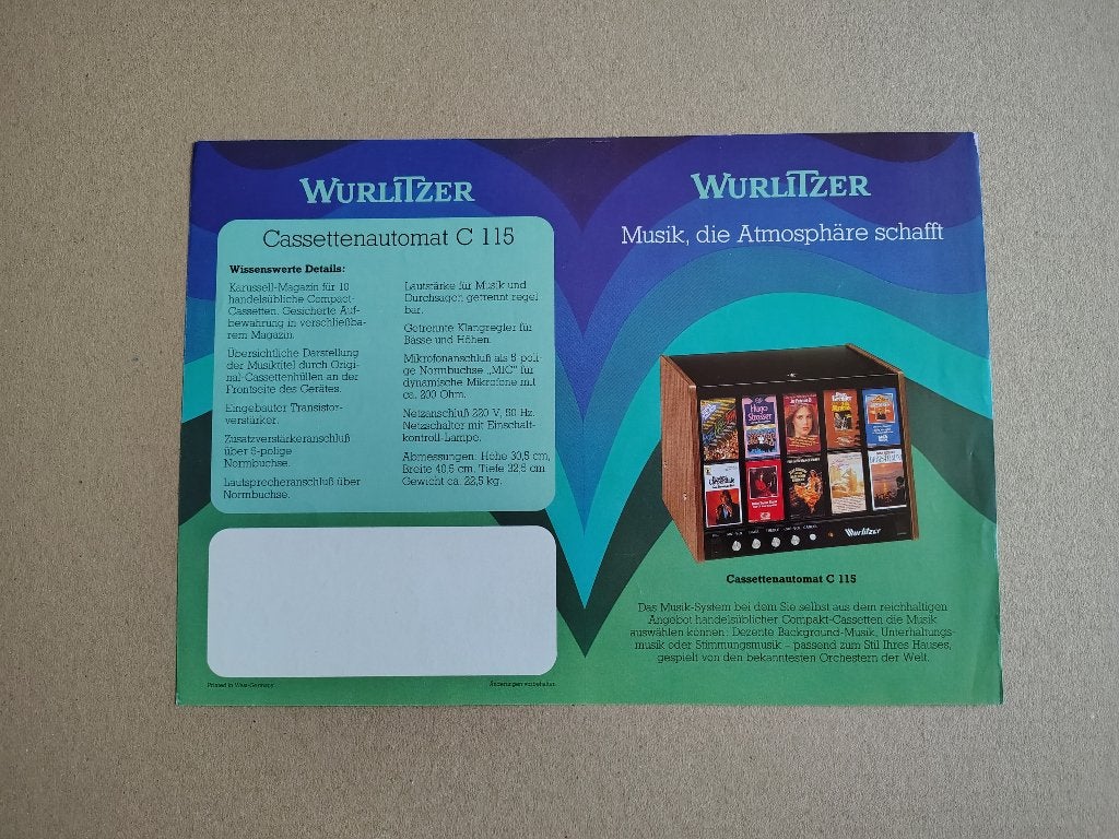 Flyer: Wurlitzer Cassettenautomaat C115 (1984) jukebox, Envoi, Wurlitzer