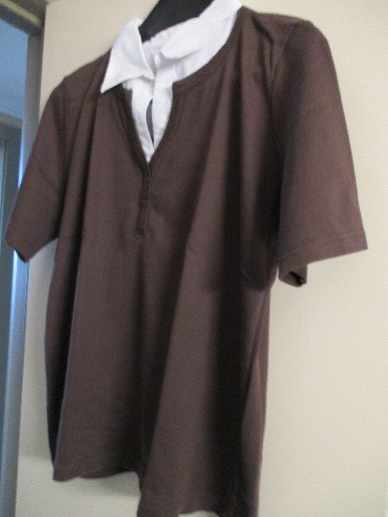 Bruine blouse / shirt met witte kraag maat L, Manches courtes, Enlèvement ou Envoi, Brun, Taille 42/44 (L)
