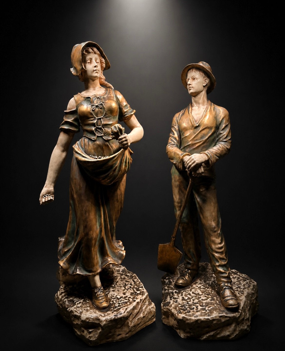 Antiek paar Bernhard Bloch & Co. Art Nouveau beelden ca.1900, Ophalen, Art nouveau, 50 - 100 cm, Gepatineerd