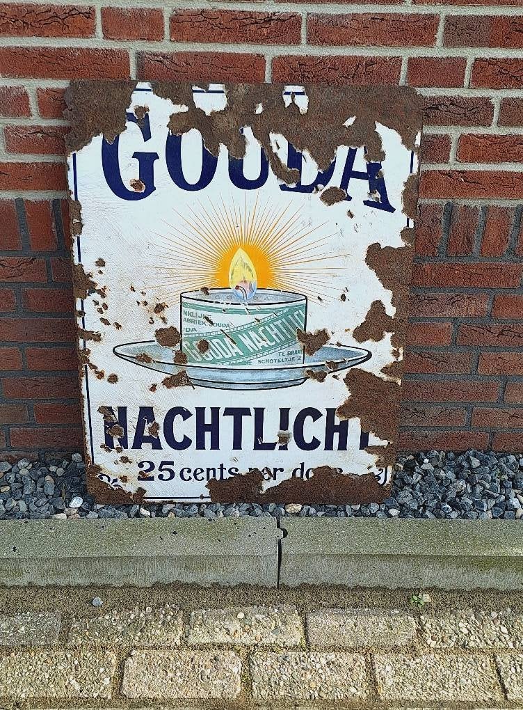 Antiek emaille bord Gouda Nachtlicht, 25 cents per doosje., Enlèvement ou Envoi