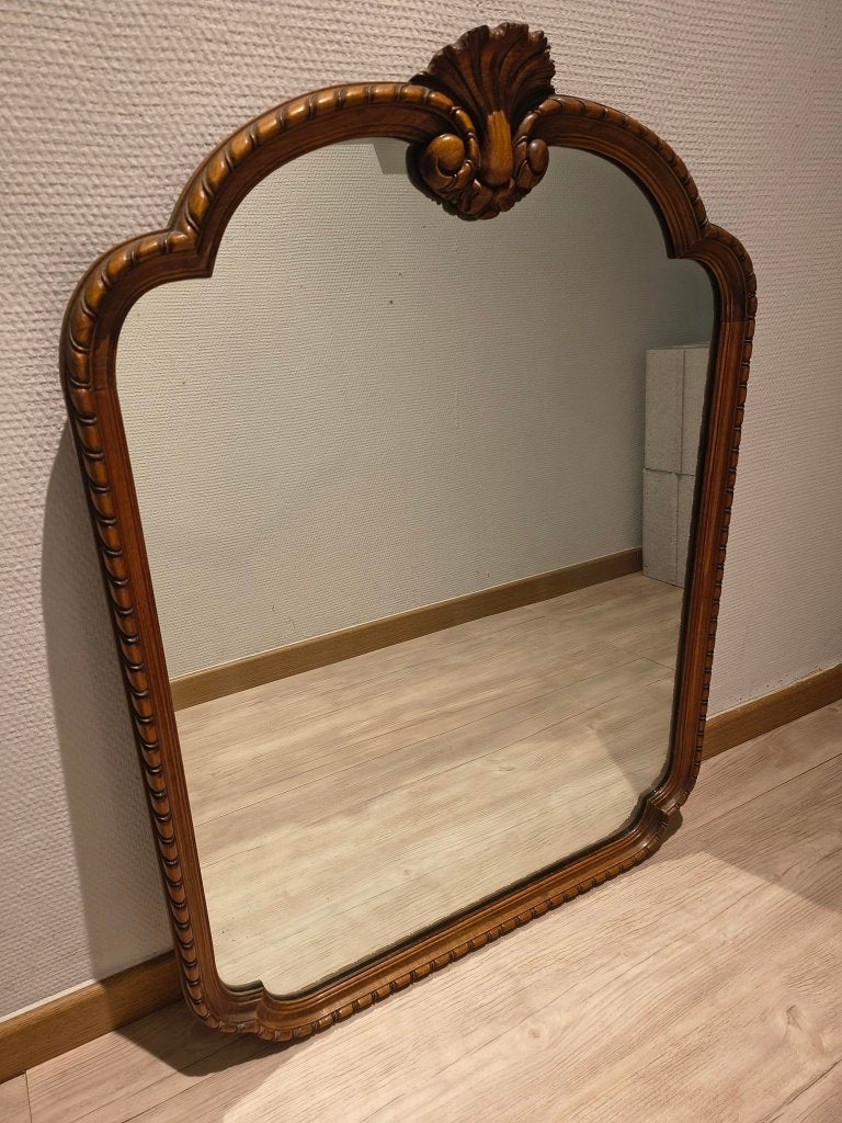 Vintage Spiegel met houten lijst met schelpmotief, Ophalen, Rechthoekig, 50 tot 100 cm, Minder dan 100 cm
