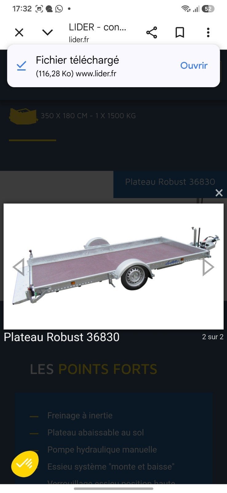 plateau hydraulique simple essieu 1500 kg