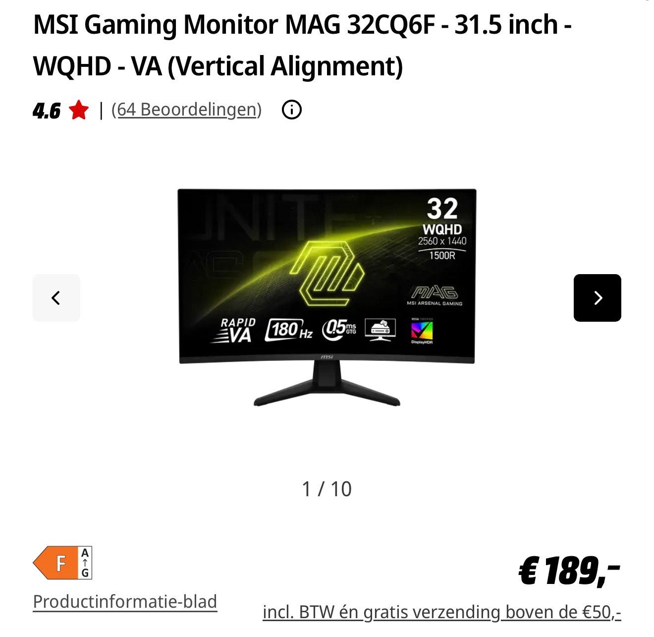 msi mag 32cq6f 180hz, Computers en Software, Monitoren, Ophalen of Verzenden, Zo goed als nieuw