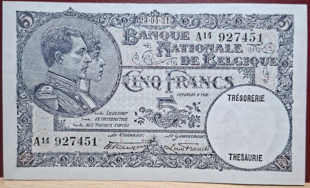 5 Frank "1919" Nationale Reeks (TRESORERIE-THESAURIE) - FDC, Postzegels en Munten, Ophalen of Verzenden, Los biljet