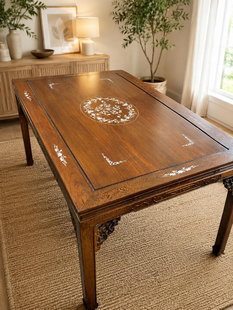 Vintage houten eettafel met prachtig inlegwerk – 160 x 90 cm, Antiquités & Art, Antiquités | Meubles | Tables, Enlèvement