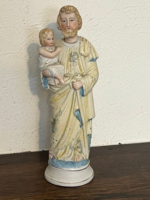 Statuette ancienne en biscuit saint Joseph et l'Enfant Jésus, Antiquités & Art, Enlèvement
