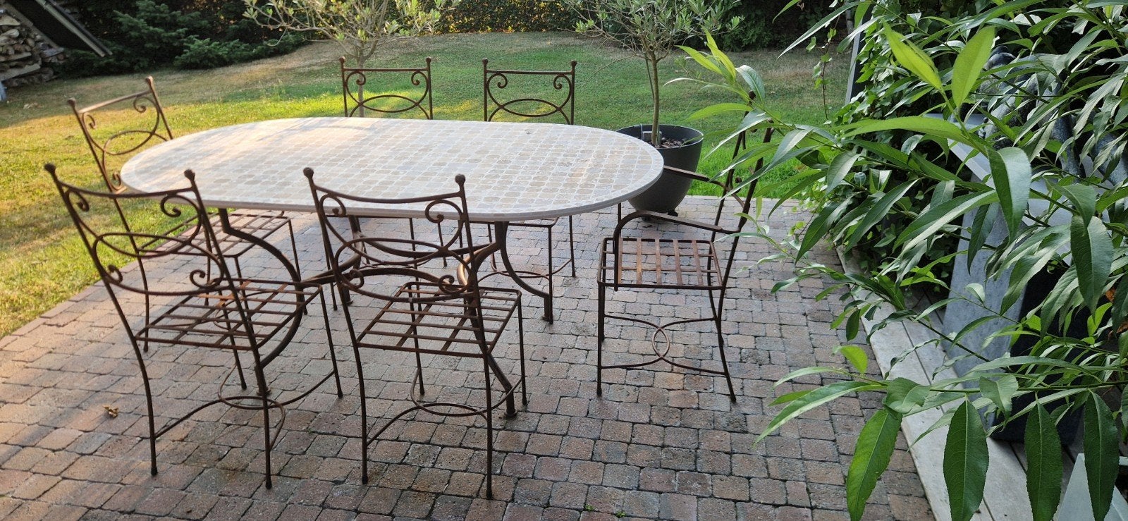 Table plateau céramique 180x100 + 6 chaises fer forgé, Jardin & Terrasse, Chaise, 8 places, Enlèvement, Utilisé