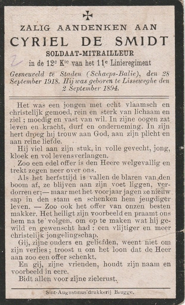 Gesneuvelde 1914-1918 Cyriel De Smidt Lisseweghe - Staden, Verzenden