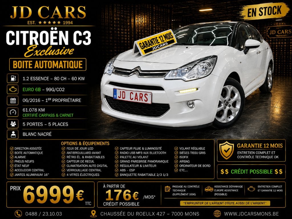 CITROËN C3 EXCLUSIVE AUTOMATIQUE 1.2i‼️GARANTIE 1 AN CTOK‼️, Achat, Euro 6, Entreprise, Garantie prolongée