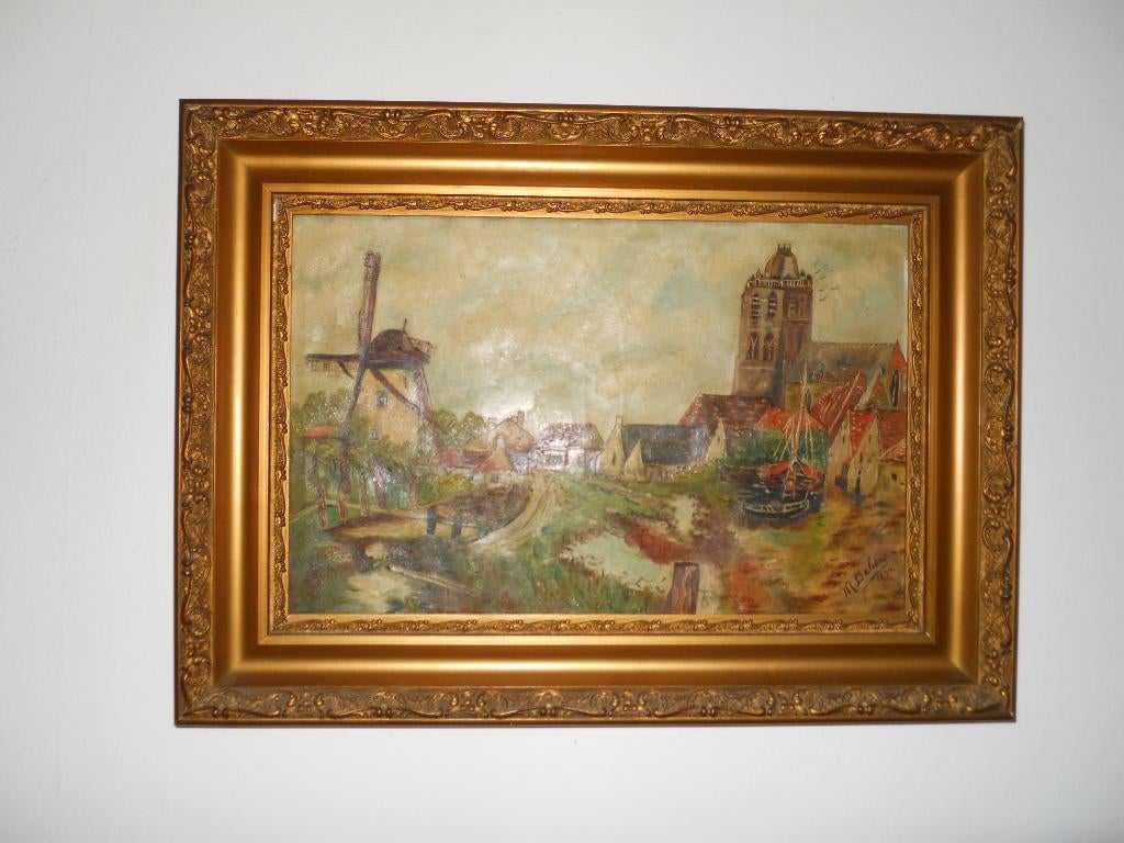 Huile sur toile – Paysage flamand au moulin à vent, Antiquités & Art, Enlèvement