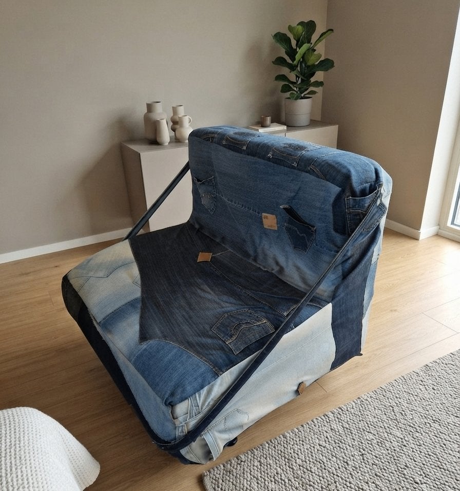 Zetel en poef in jeansstof voor kotstudenten, Ophalen, Gebruikt, Hout, Modern