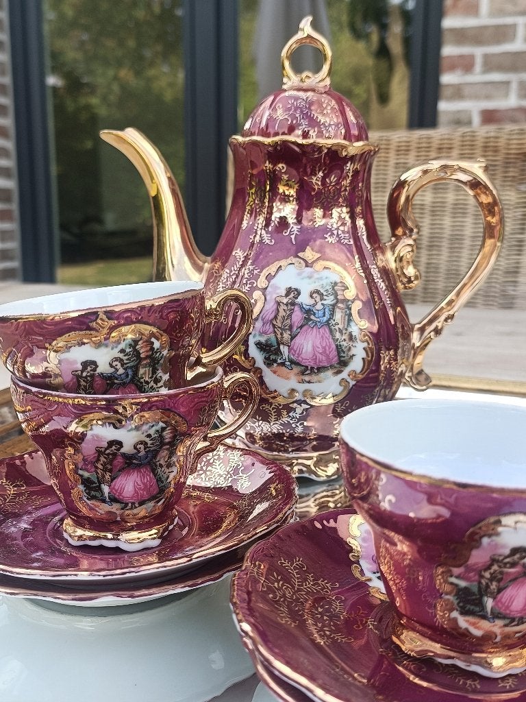 Vintage Mokka servies - Bordeaux goud, Ophalen of Verzenden