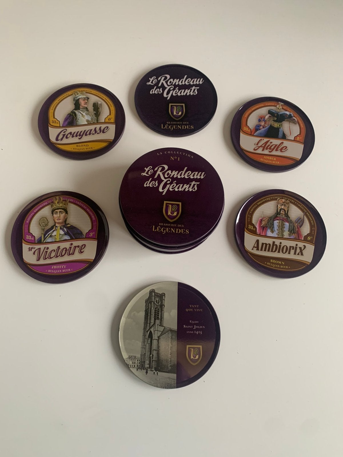 6 sous verres métalliques « LE RONDEAU DES GEANTS, ATH », Collections, Verres & Petits Verres, Enlèvement ou Envoi