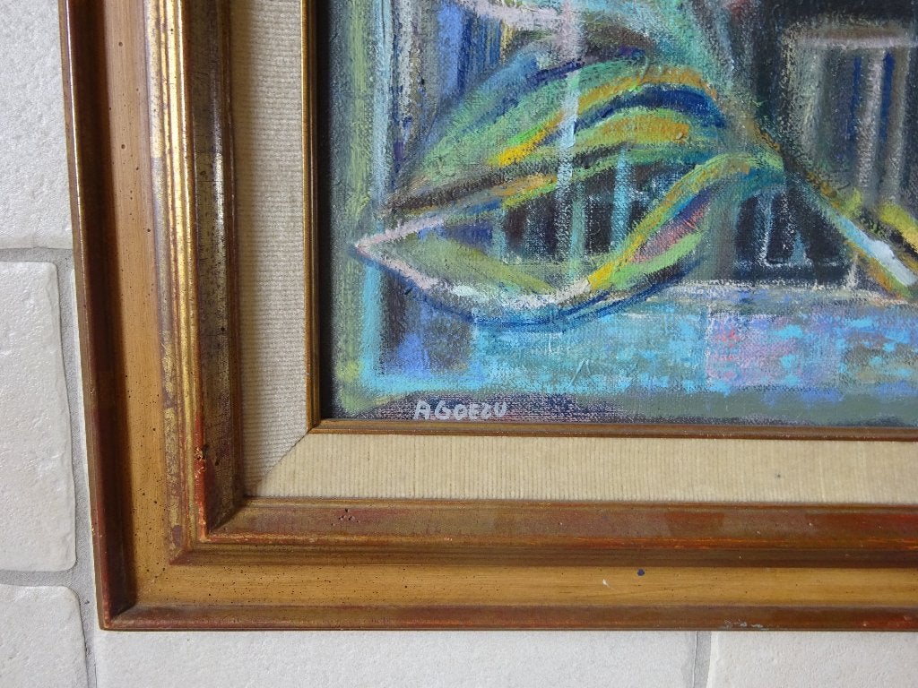 André Goezu, olie op doek, 55 x 46 cm, Le Voyage '87, Antiek en Kunst, Ophalen